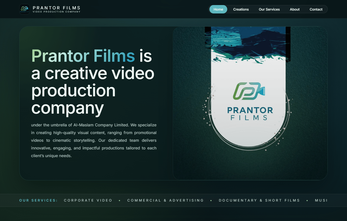Prantor Films original desktop homepage