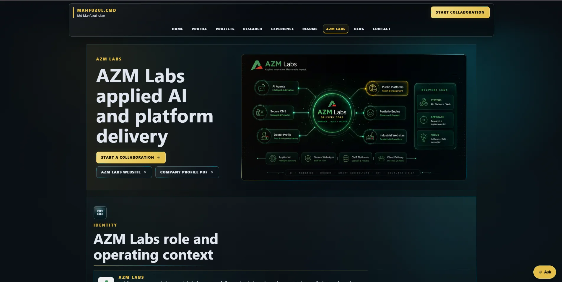 CEO AZM Labs Portfolio responsive screen 8